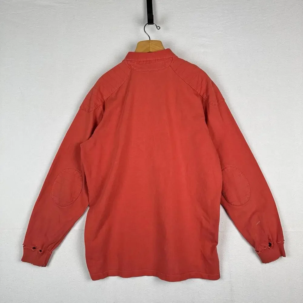 90’s Vtg Polo Ralph Lauren Rugby Shirt Mens L Orange‎ Quilted Elbows *Distressed